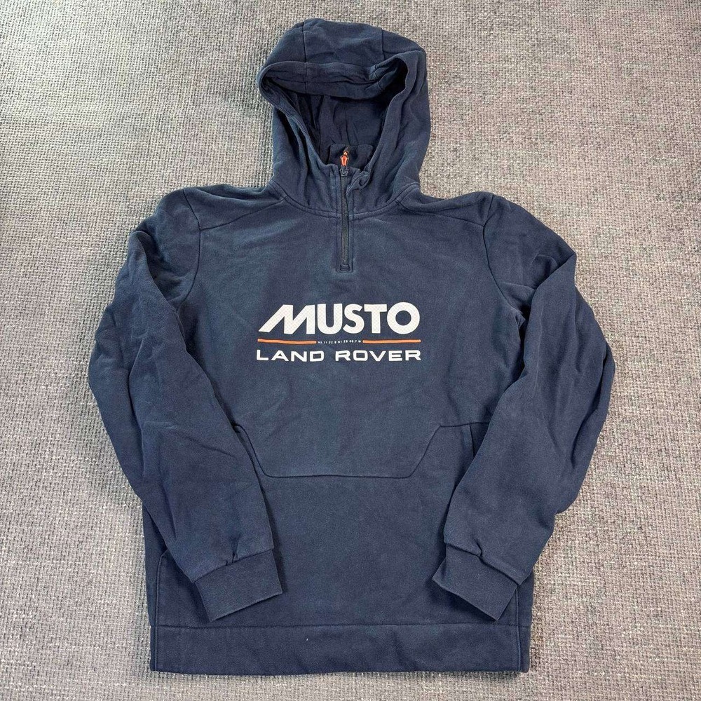 Musto Land Rover Hoodie Mens Small Navy Blue Quarter Zip Graphic Pullover